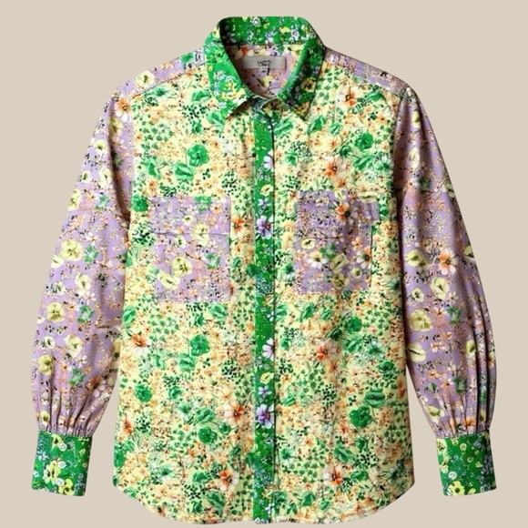 LOFT Tops - Loft Floral Crepe Utility Shirt Boho Balloon Sleeve Western Green Lavender SZ M